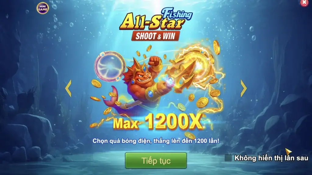 Hướng dẫn bắn cá All Star Fishing của JILI tại LC79 – minh họa bóng điện max 1200× và boss Hải Vương.