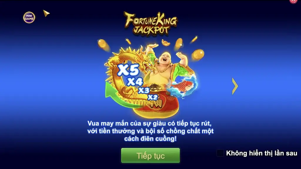 Giao diện mở đầu FortuneKing Jackpot của JILI trên LC79 với biểu tượng x5 và nút “Tiếp tục”.