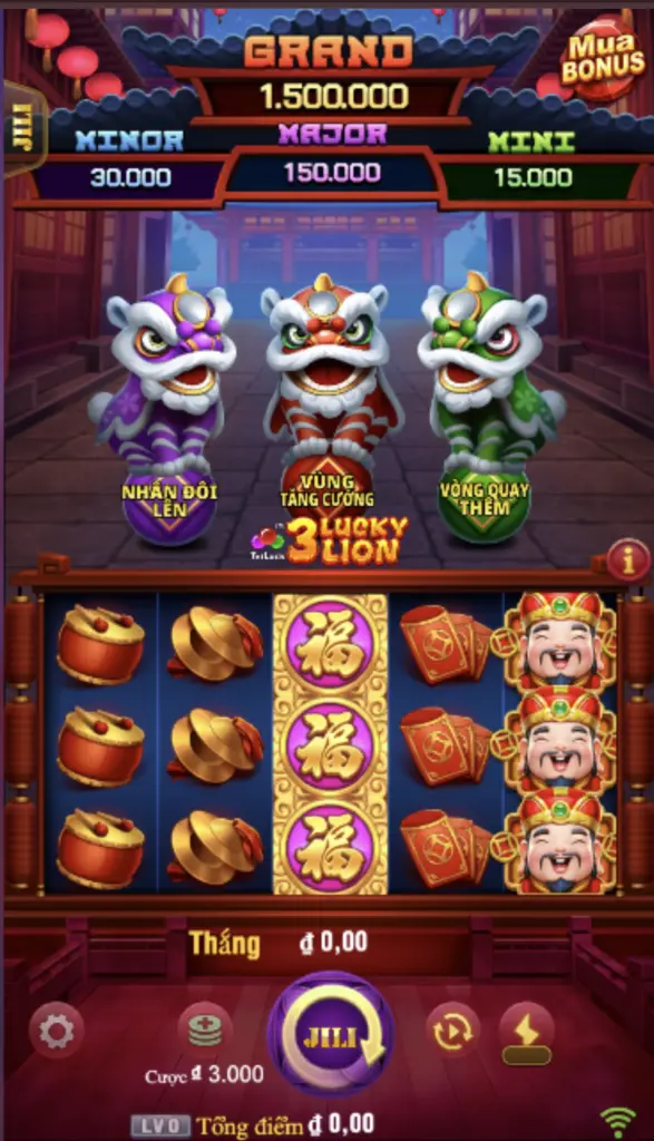 Giao diện game slot 3 Lucky Lion JILI tại LC79 với hình ảnh sư tử may mắn và biểu tượng quay thưởng nổi bật